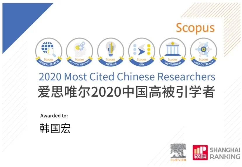 韓國宏教授入選 “2020年中國高被引學(xué)者”榜單！